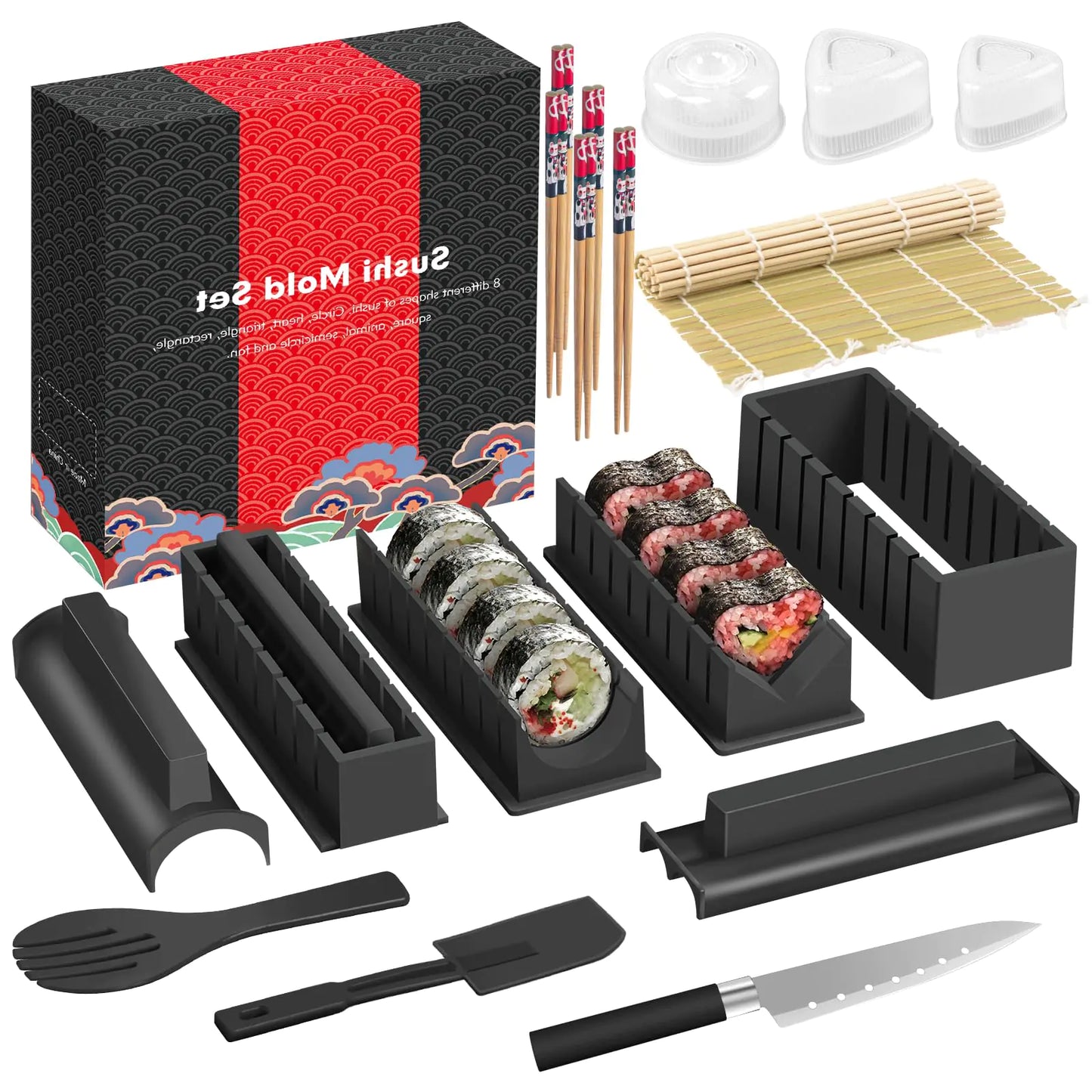 HI NINGER Sushi Making Kit Deluxe Edition Complete Sushi Maker Kit 17PCS Home Sushi Mold Press with Sushi Rice Roll Mold ShapesForkSpatula Sushi Knife Sushi Rolling Mat Chopsticks