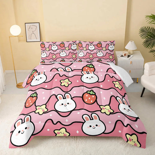 QOOMO Kawaii Rabbit ComforterStrawberry Rabbit Comforter Set for Kids Teens Girls3Pcs Bedding Set Printed Comforter with 2 PillowcasesDown AlternativeSoft and Lightweight(Pink,Twin Size)
