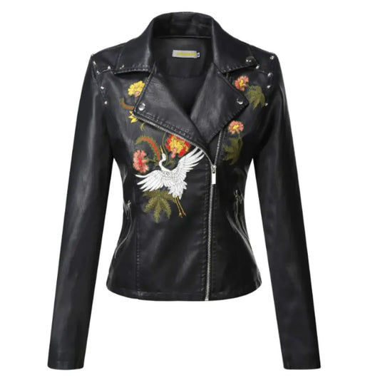 Embroidered Leather Jacket with Floral Design