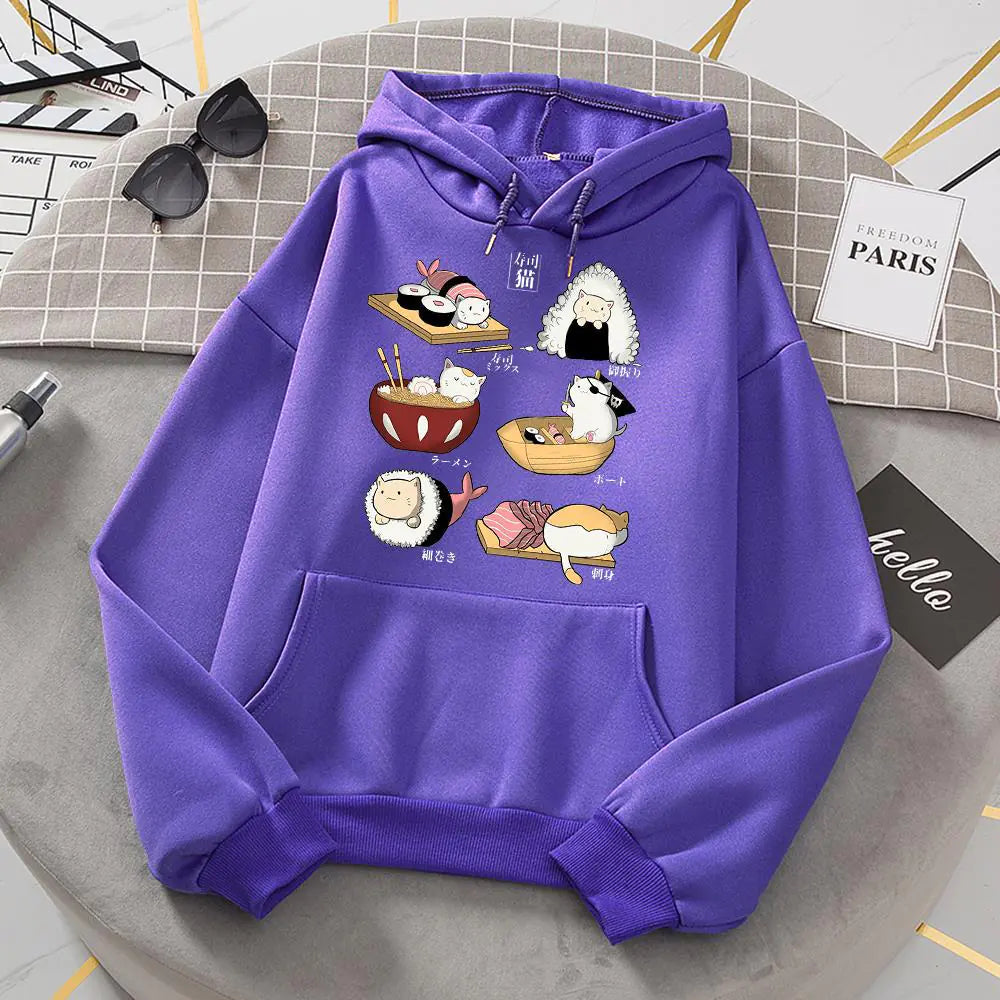 Cute Sushi Rice Ball Kitten Hooded Fleece Sweater