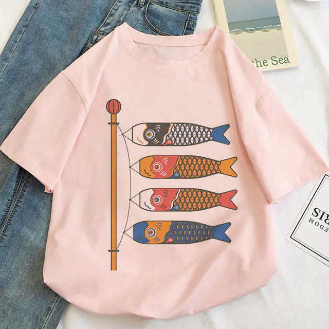 Japan Koi Fish Graphic Print T-shirt for Women