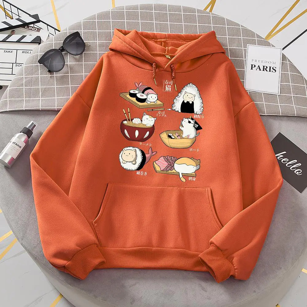 Cute Sushi Rice Ball Kitten Hooded Fleece Sweater