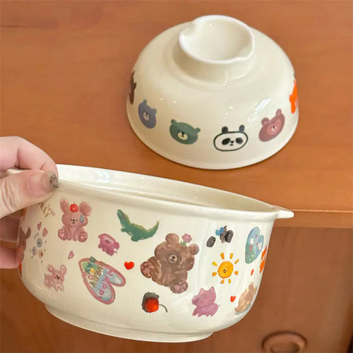 Kawaii Ceramic Cartoon Rice Bowl with Lid