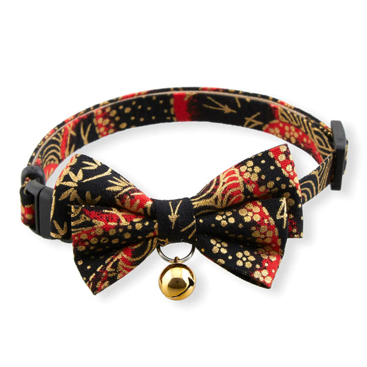 Gilded Gold Bow Tie Cat Collar (Black) with Bell Safety Breakaway Soft Lightweight for Cats Kitty Kitten Japanese Stylish Pattern No.1 Seller in Japan