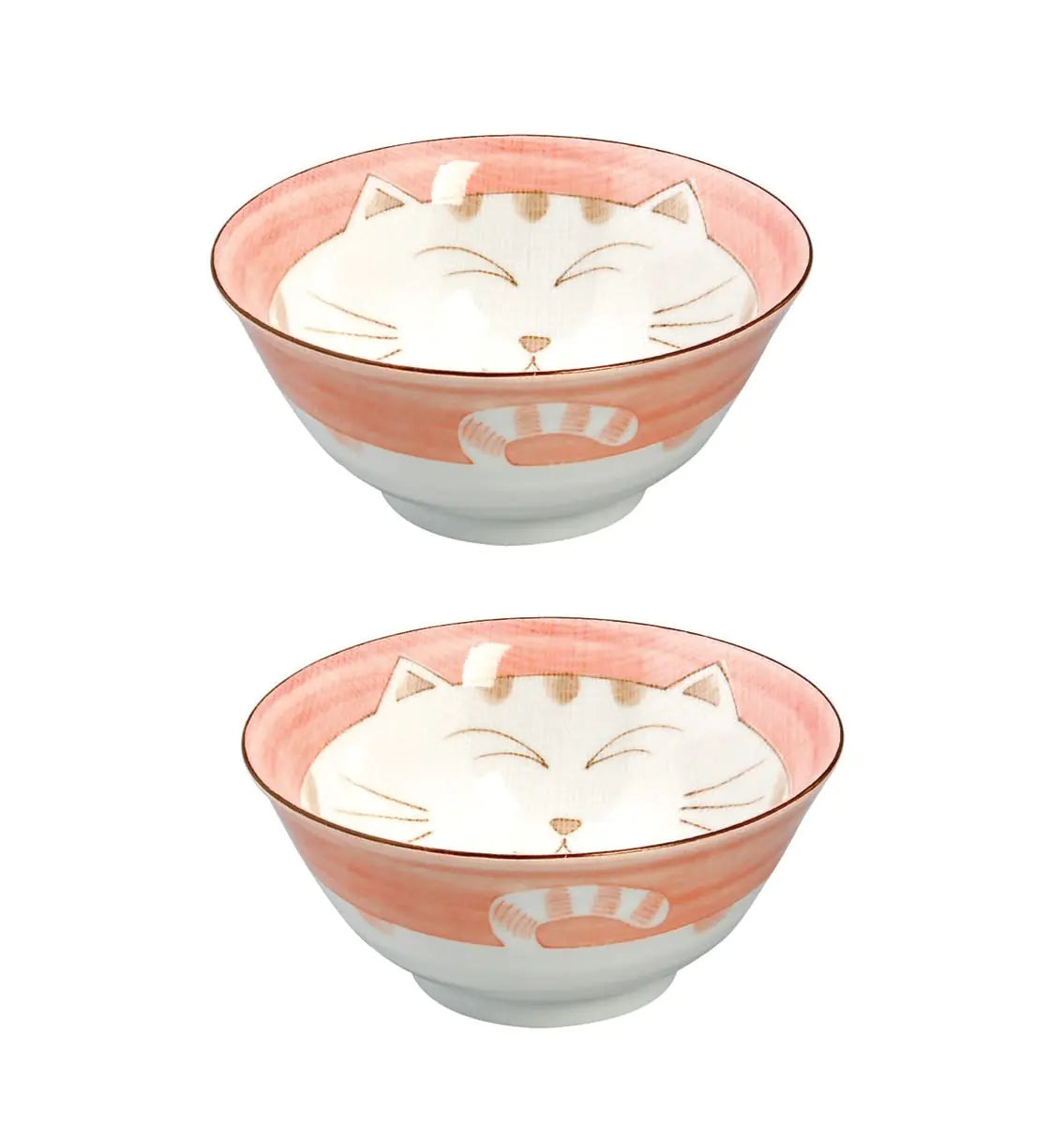 JapanBargain 2482 Japanese Porcelain Soup Bowl for Dinner Lunch Rice Poke Donburi Udon Ramen Noodle Pasta Cereal Maneki Neko Smiling Lucky Cat Pattern for Cat Lovers Made in Japan 6-inch Set of 2
