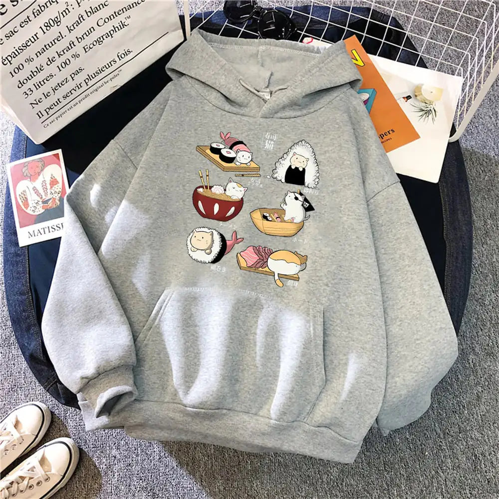 Cute Sushi Rice Ball Kitten Hooded Fleece Sweater