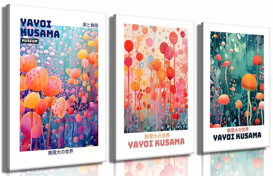 3 Pcs Yayoi Kusama Canvas Wall Art Abstract Japanese Botanical Wall Decor Pictures Vintage Tokyo Aesthetic Posters Prints for Bathroom Kitchen Gallery Living Room Bedroom Decoration