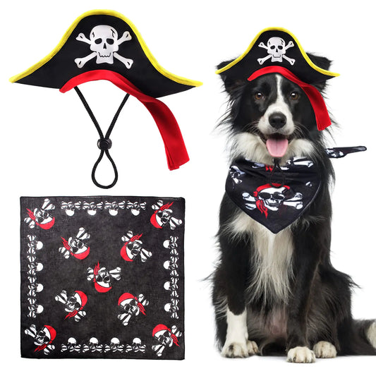 Aichiyu 2 Pieces Skull Print Pet Pirate Hat with Pirate Skull Bandana Dog Cat Captain Cap Halloween Pirate Cosplay Costume Halloween Party Hat Dress Up Costume Accessories (B) One Size
