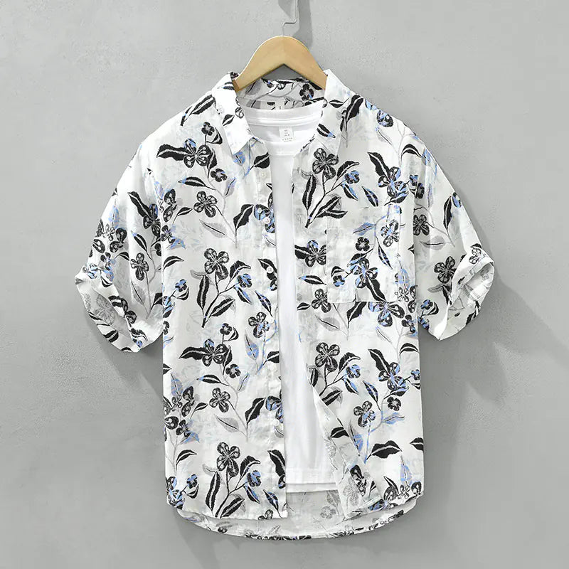 Men's Casual Short Sleeve Linen Shirt - Japanese Style