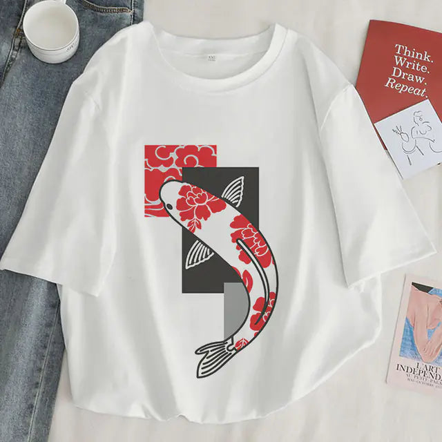 Japan Koi Fish Graphic Print T-shirt for Women