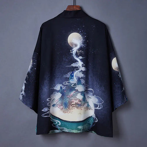 Japanese Style Kimono Cardigan with Ukiyo-e Dragon Print