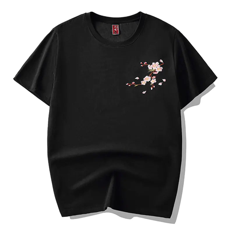 Japan Style Sakura Embroidery Men's Floral T-Shirt