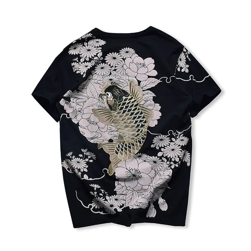 Japanese Ukiyo-e Embroidered Koi Fish T-Shirt (Plus Size)