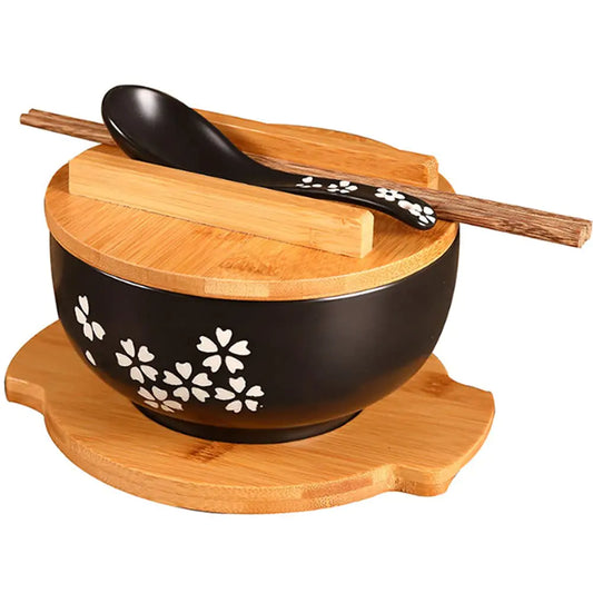 Ceramic Sakura Ramen Bowl (1000ml) with Lid Spoon Chopsticks Bamboo Tray - Japanese Traditional Style - Black