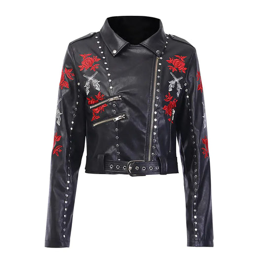 Embroidered Vintage Motorcycle Jacket for Women