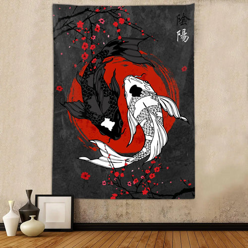 Japanese Yin Yang Koi Fish Tapestry Cool Red and Black Anime Sakura Art Tapestries Vertical Wall Hanging for Bedroom Living Room Office Decor 60X80" Asian Cherry Blossoms Poster Blanket
