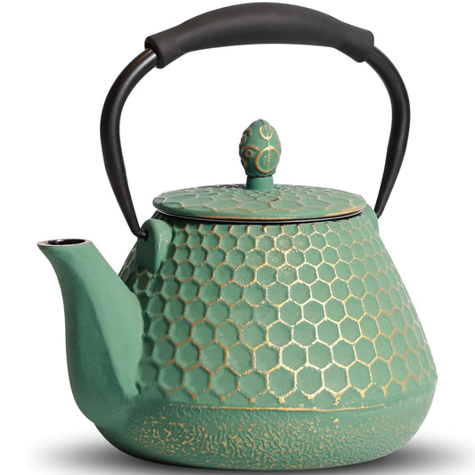 GUANGHEIRON Cast Iron Teapot 33oz Tea Kettle Stovetop Safe with Infuser for Tea Coffee Japanese Honeycomb Pattern Tea Pot Coated with Enameled Interior Silicone Handle 950ml Green