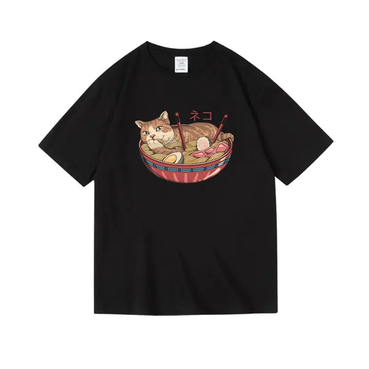 Trendy Cat Ramen Print Cotton T-Shirt for Students