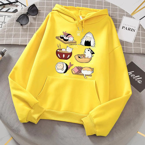 Cute Sushi Rice Ball Kitten Hooded Fleece Sweater