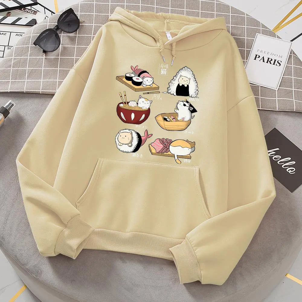 Cute Sushi Rice Ball Kitten Hooded Fleece Sweater