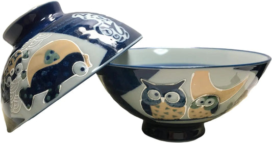 Japanese Mino Ware Ceramic Rice Bowl Set 11.83 Fluid Ounces Lucky creatures rabbit owl puffer fish pattern Set of 2 from Japan (Navy Owl)