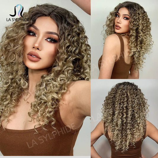 Black Ombre Long Curly Wig with Lace Front (Japan Fiber)