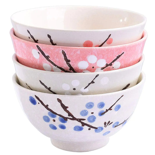 Whitenesser Japanese Rice Bowl Set of 4 Asian Style Hand-painted Floral Plum Ceramic Bowls For Dessert Snack Cereal Soup Sushi Sauce