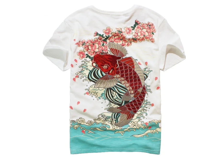 Embroidered Koi Fish T-Shirt with Short Sleeves