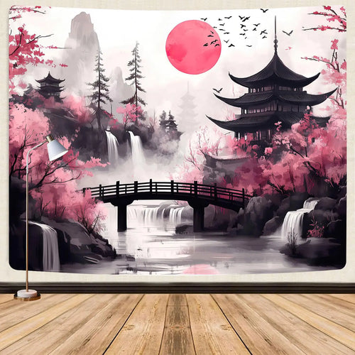 Japanese Anime tapestry Cool Japan Cherry Blossom Floral Mountain Waterfall Sun Asian Oriental Abstract Ink Art tapestry Black Pink Nature Landscape Tapestries for Living Room College Dorm 80X60IN