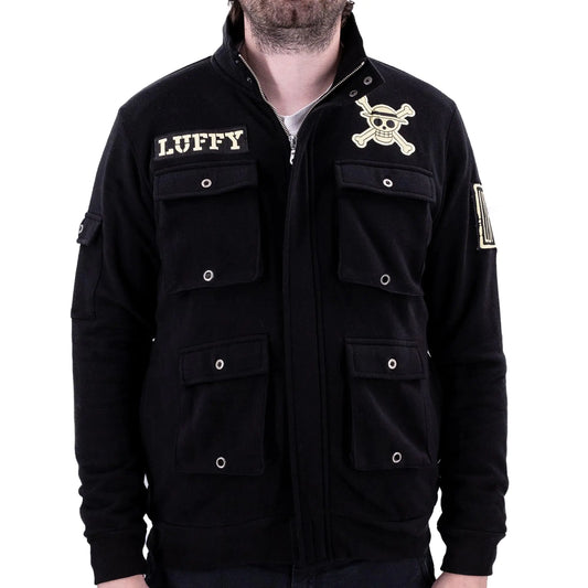Ripple Junction One Piece Mens Military Cargo Full Zip Jacket Luffy Jolly Roger Embroidery Patches Anime Black XL