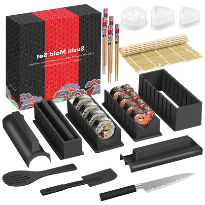 HI NINGER Sushi Making Kit Deluxe Edition Complete Sushi Maker Kit 17PCS Home Sushi Mold Press with Sushi Rice Roll Mold ShapesForkSpatula Sushi Knife Sushi Rolling Mat Chopsticks