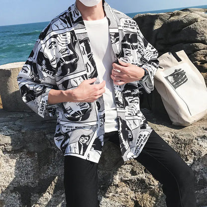 Cartoon Style Kimono Cardigan with 3/4 Sleeves