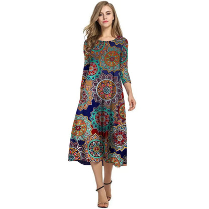 Elegant Printed Dress with Three-Quarter Sleeves