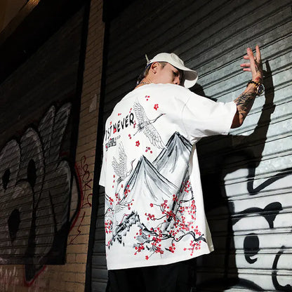 Men's Hip Hop T-Shirt with Sakura Crane Design