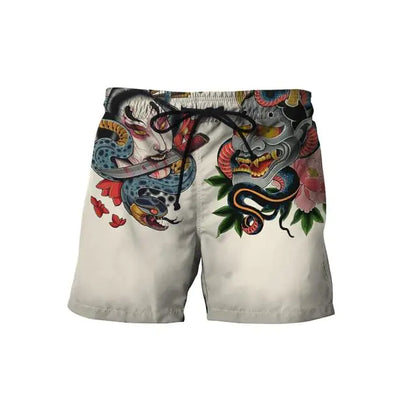 3D Samurai and Dragon Tattoo All Over Printed Shorts