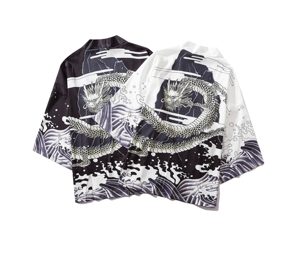 Retro Dark Ukiyo-e Kimono Cardigan with Wave Print