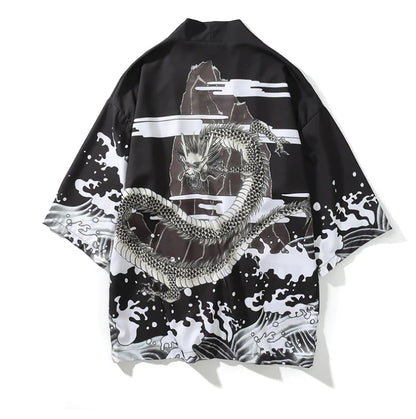 Retro Dark Ukiyo-e Kimono Cardigan with Wave Print