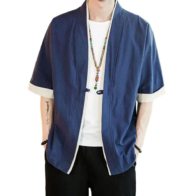 Japanese Style Men’s Cardigan Jacket with Color Panels