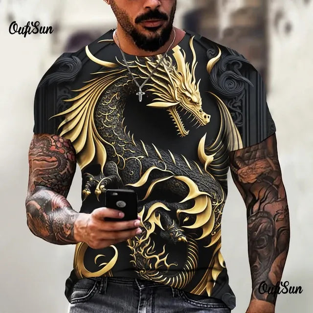 Men's Oversized 3D Printed Dragon T-Shirt - Casual Streetwear