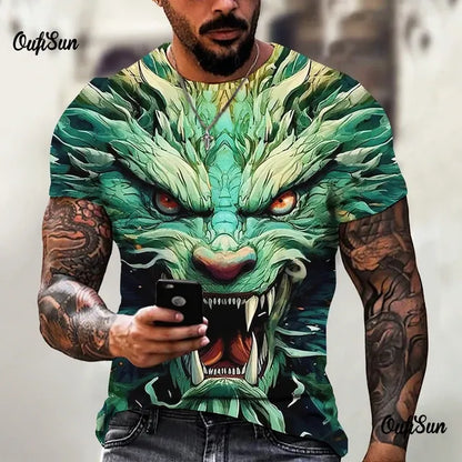 Men's Oversized 3D Printed Dragon T-Shirt - Casual Streetwear