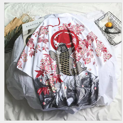 Loose-Fit Vintage Ukiyo-e Kimono Shirt for Men