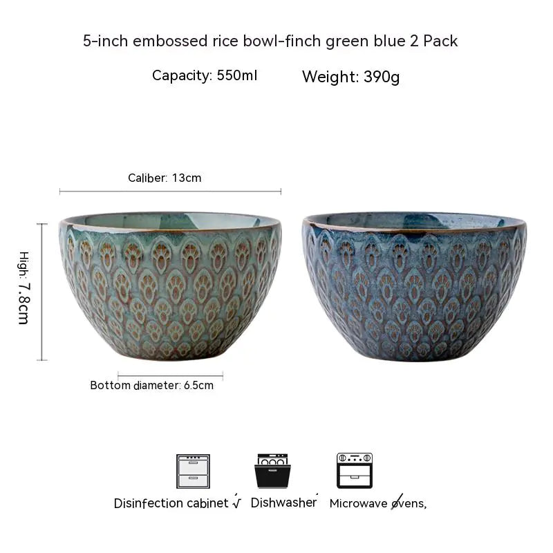 5-Inch Ceramic Peacock Relief Rice Bowl for Household Use