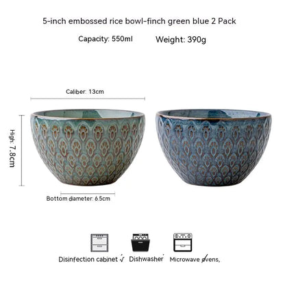 5-Inch Ceramic Peacock Relief Rice Bowl for Household Use