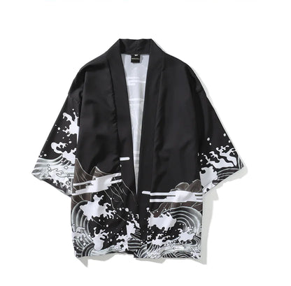 Retro Dark Ukiyo-e Kimono Cardigan with Wave Print