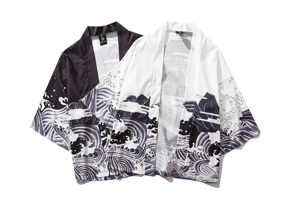 Retro Dark Ukiyo-e Kimono Cardigan with Wave Print