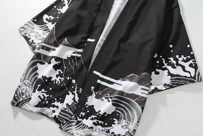 Retro Dark Ukiyo-e Kimono Cardigan with Wave Print