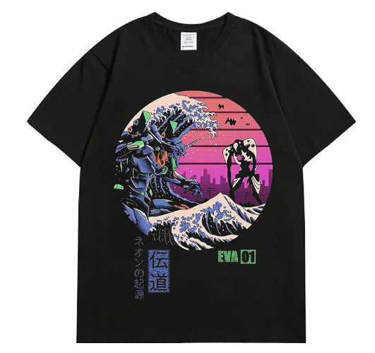 Men's Classic Black Anime Sunset Wave T-shirt