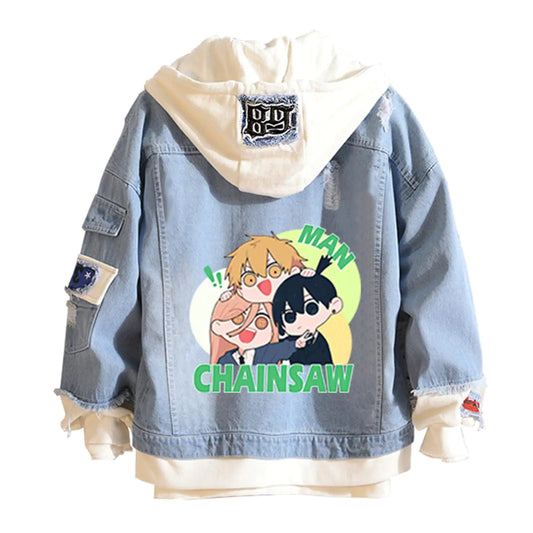 GO2COSY Anime Chainsaw Man Denim Jacket Hoodie Sweatshirt Fleeces Costume Pullover