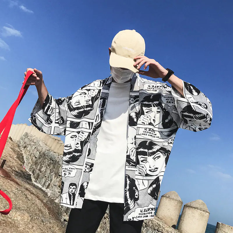 Cartoon Style Kimono Cardigan with 3/4 Sleeves