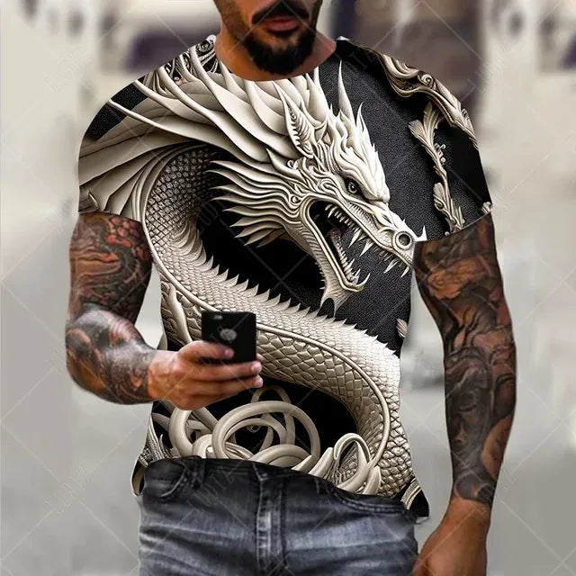 Men's Oversized 3D Printed Dragon T-Shirt - Casual Streetwear